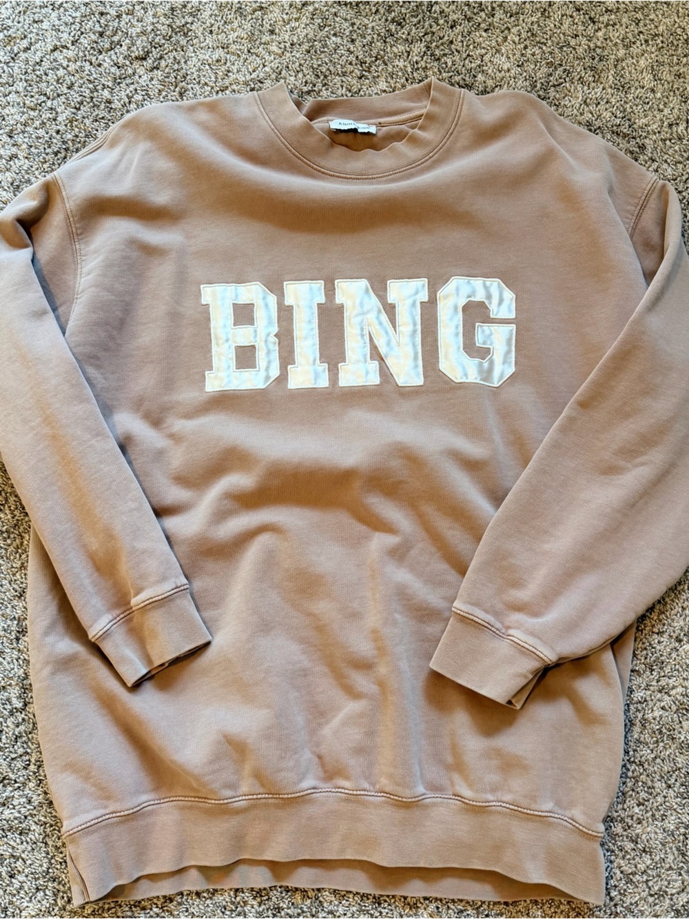 Anine Bing Taupe Crewneck Sweatshirt with White BING Applique